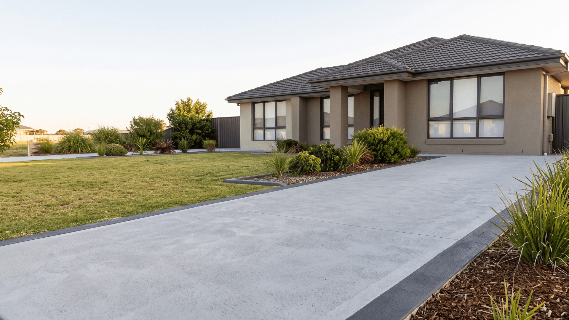 Freshly resurfaced concrete driveway with a smooth grey finish