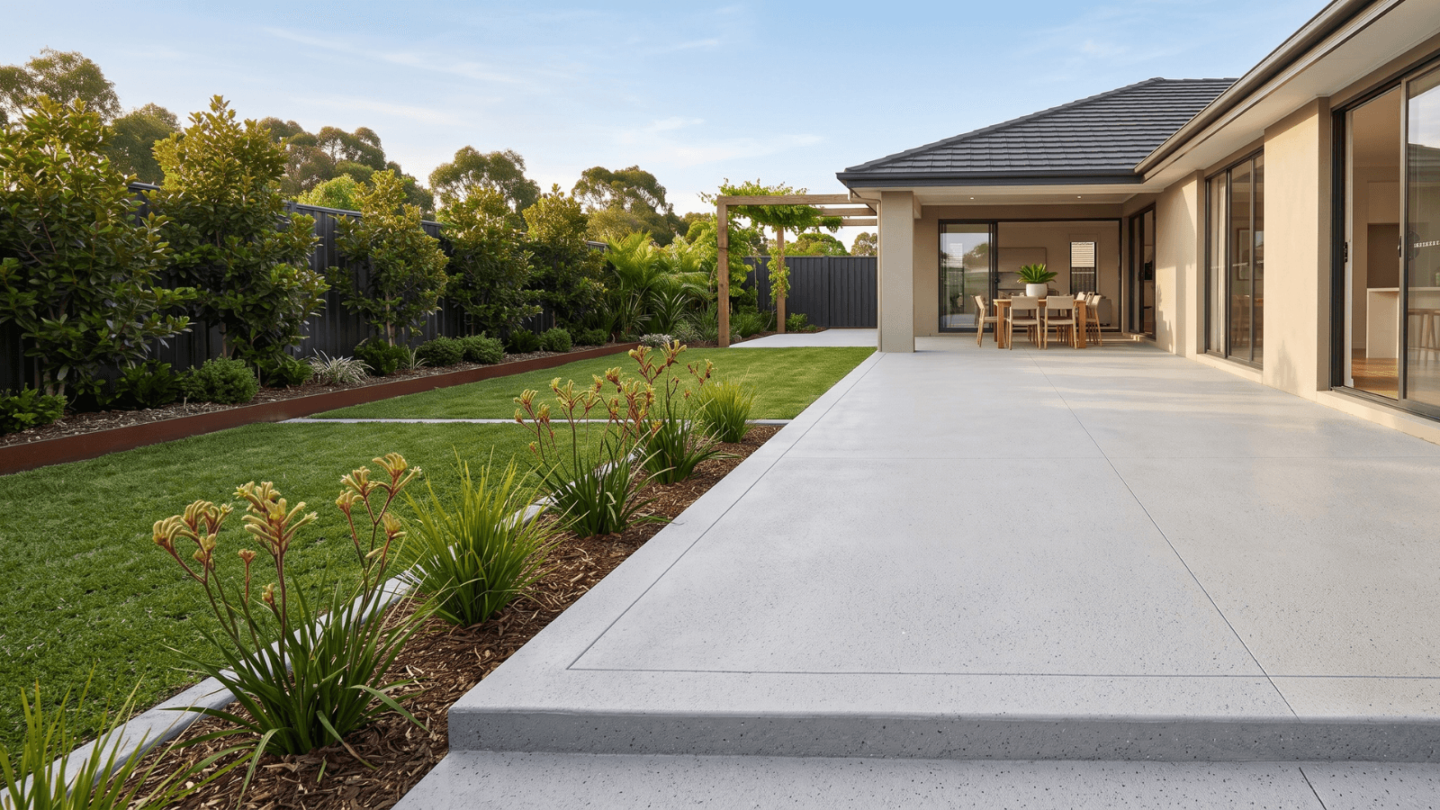 Resurfaced concrete patio showing a clean, fresh outdoor surface