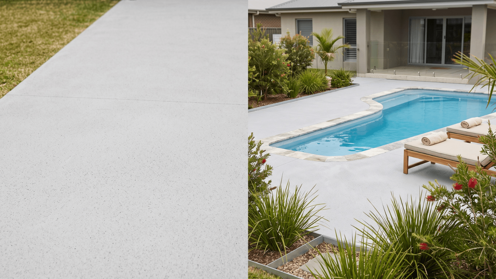 Backyard pool area with a resurfaced concrete surround